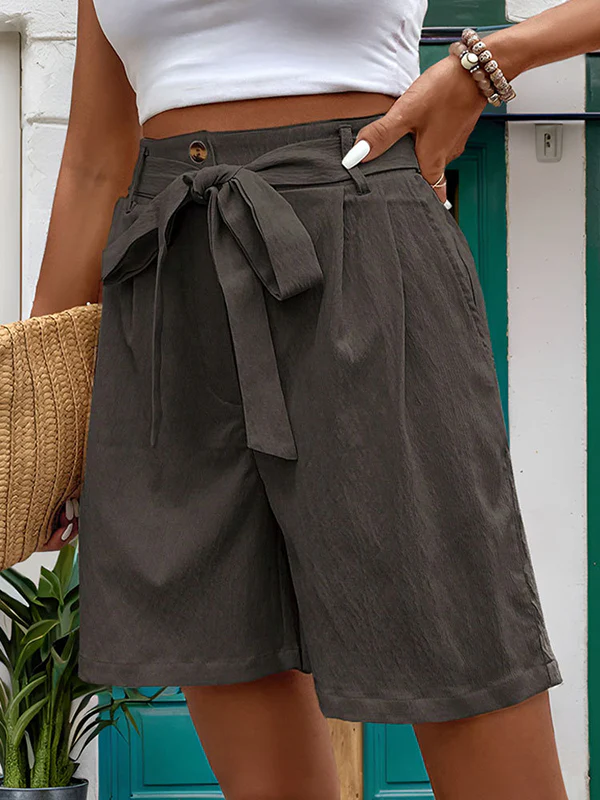 High Waisted Loose Buttoned Elasticity Pleated Pockets Tied Waist Shorts Bottoms - Image 24