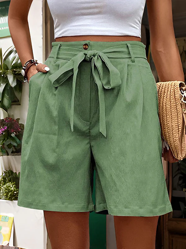 High Waisted Loose Buttoned Elasticity Pleated Pockets Tied Waist Shorts Bottoms - Image 25
