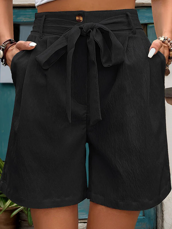 High Waisted Loose Buttoned Elasticity Pleated Pockets Tied Waist Shorts Bottoms - Image 3