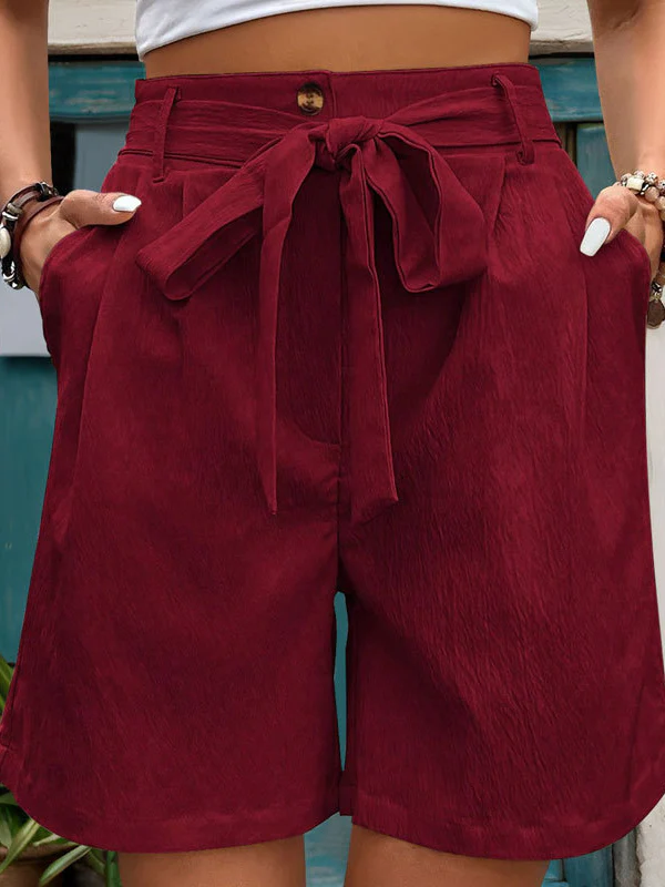 High Waisted Loose Buttoned Elasticity Pleated Pockets Tied Waist Shorts Bottoms - Image 4