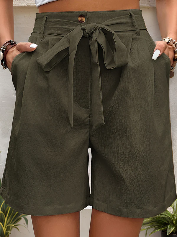 High Waisted Loose Buttoned Elasticity Pleated Pockets Tied Waist Shorts Bottoms - Image 5