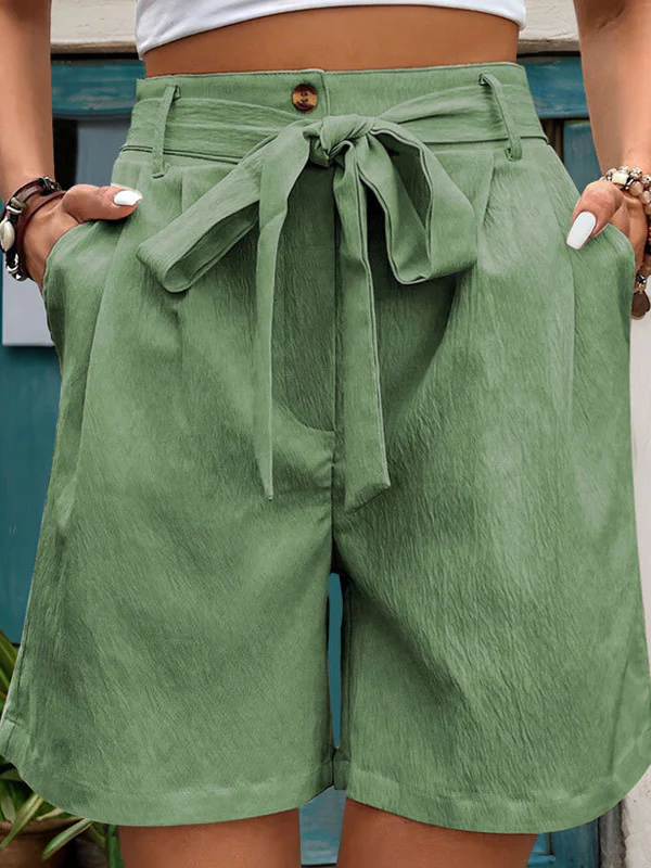 High Waisted Loose Buttoned Elasticity Pleated Pockets Tied Waist Shorts Bottoms - Image 6