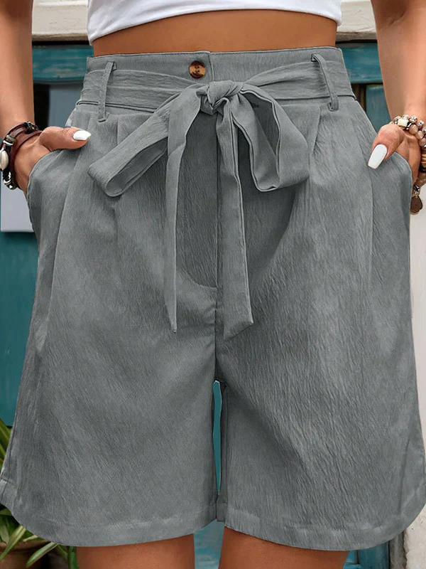 High Waisted Loose Buttoned Elasticity Pleated Pockets Tied Waist Shorts Bottoms - Image 8