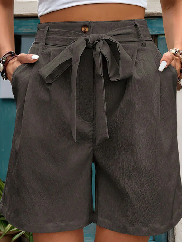 High Waisted Loose Buttoned Elasticity Pleated Pockets Tied Waist Shorts Bottoms - Image 9