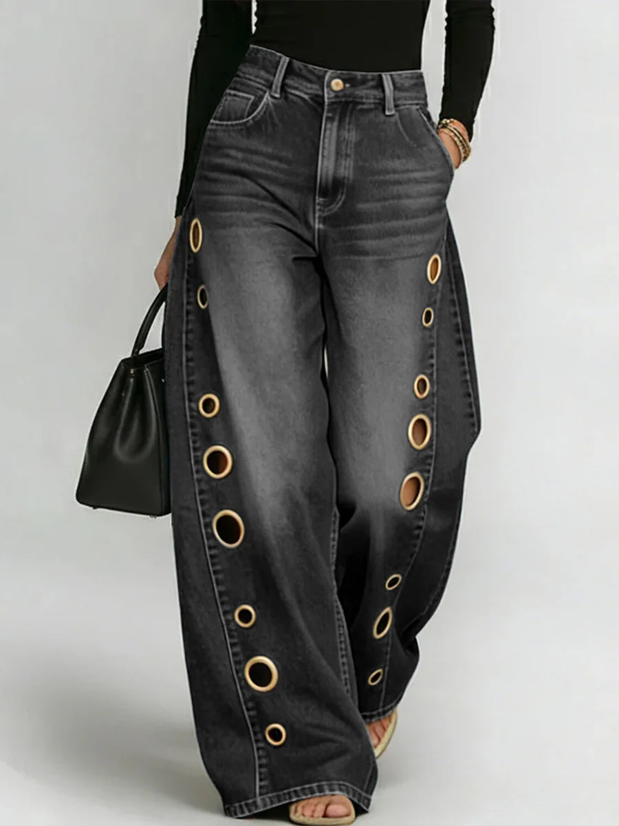 High Waisted Loose Buttoned Geometric Hollow Pockets Split-Joint Jean Pants Bottoms - Image 2