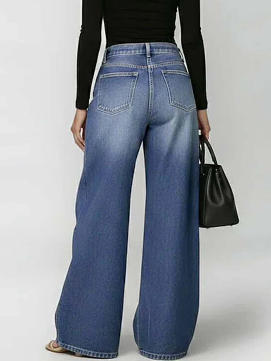 High Waisted Loose Buttoned Geometric Hollow Pockets Split-Joint Jean Pants Bottoms - Image 3