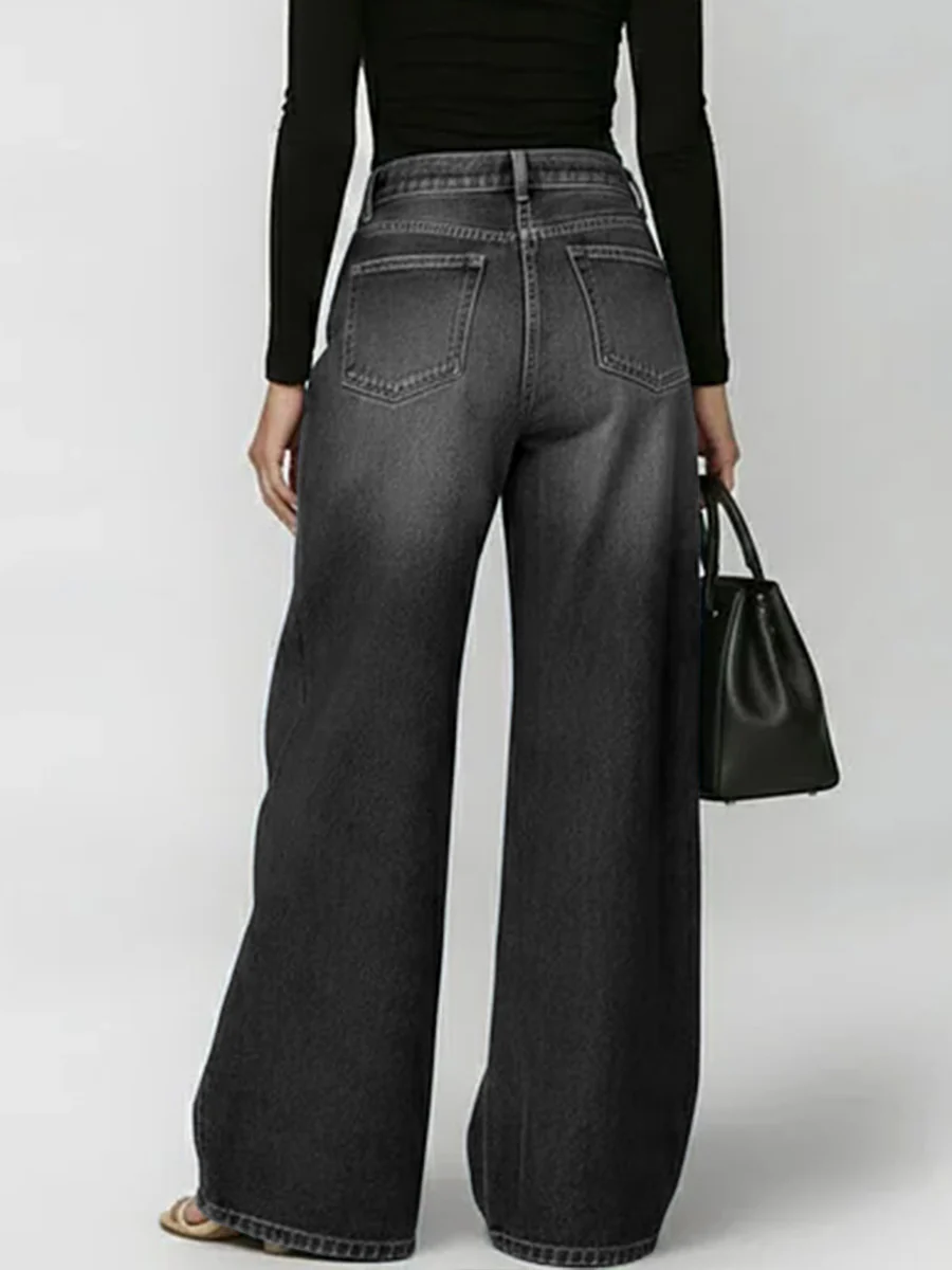 High Waisted Loose Buttoned Geometric Hollow Pockets Split-Joint Jean Pants Bottoms - Image 4