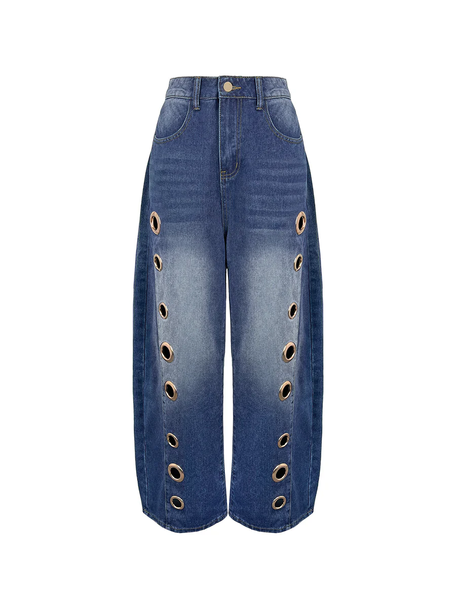 High Waisted Loose Buttoned Geometric Hollow Pockets Split-Joint Jean Pants Bottoms - Image 5
