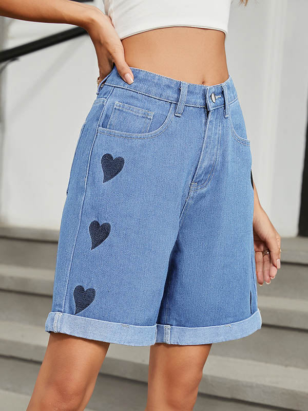 High Waisted Loose Buttoned Heart Print Pockets Half Pants Jean Pants Bottoms - Image 4
