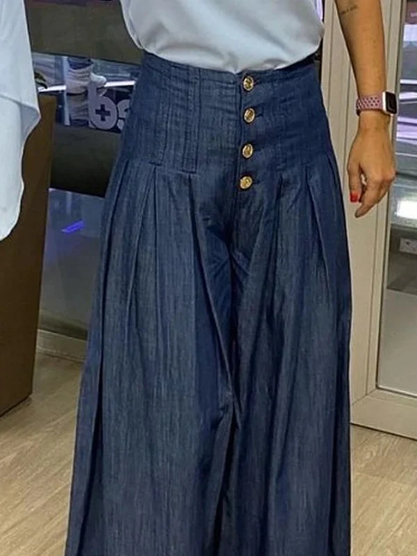 High Waisted Loose Buttoned Pleated Pockets Solid Color Jean Pants Bottoms - Image 2