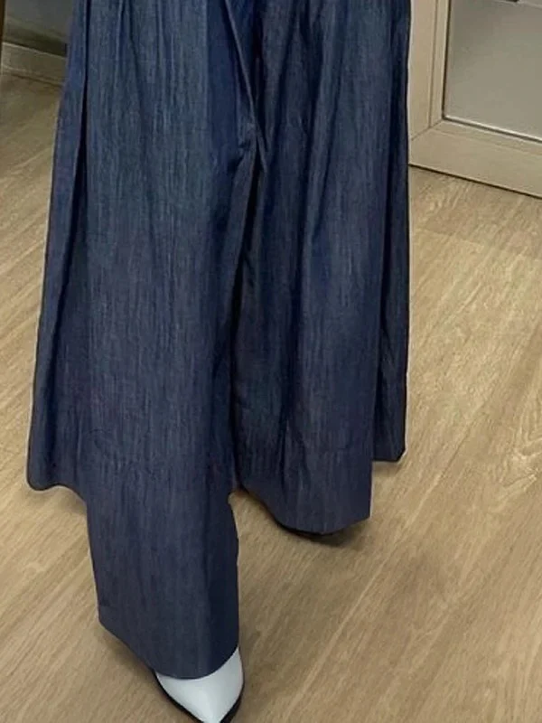 High Waisted Loose Buttoned Pleated Pockets Solid Color Jean Pants Bottoms - Image 3