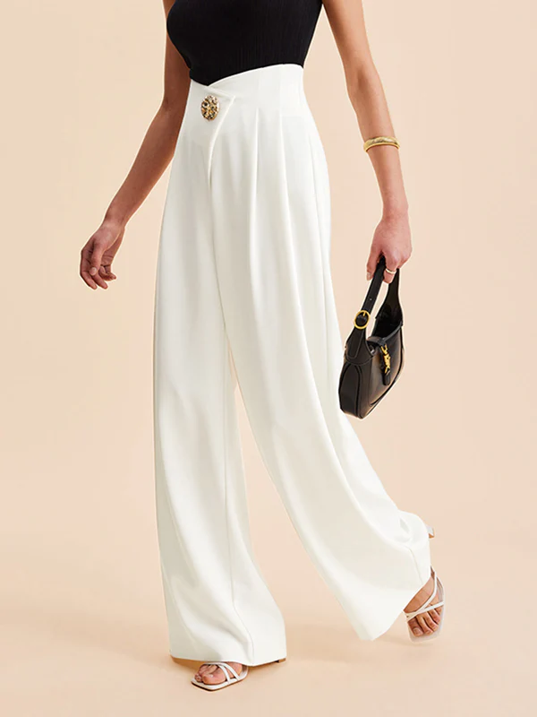 High Waisted Loose Buttoned Pleated Solid Color Pants Trousers