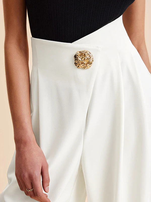 High Waisted Loose Buttoned Pleated Solid Color Pants Trousers - Image 2