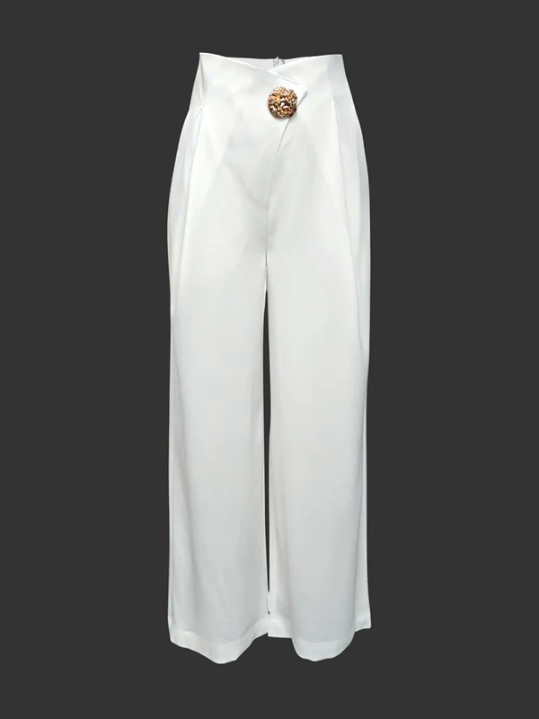 High Waisted Loose Buttoned Pleated Solid Color Pants Trousers - Image 3