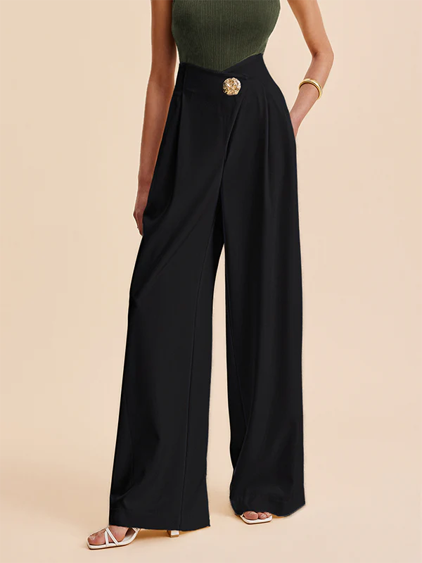 High Waisted Loose Buttoned Pleated Solid Color Pants Trousers - Image 4