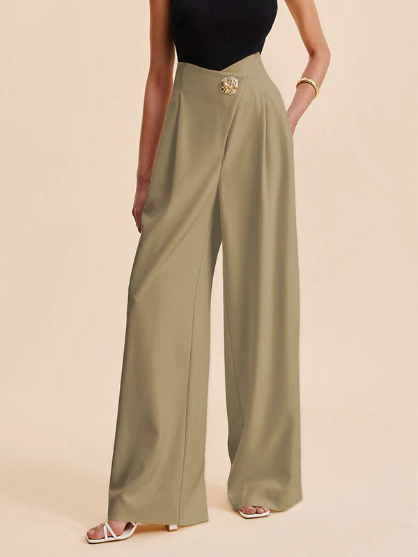 High Waisted Loose Buttoned Pleated Solid Color Pants Trousers - Image 7