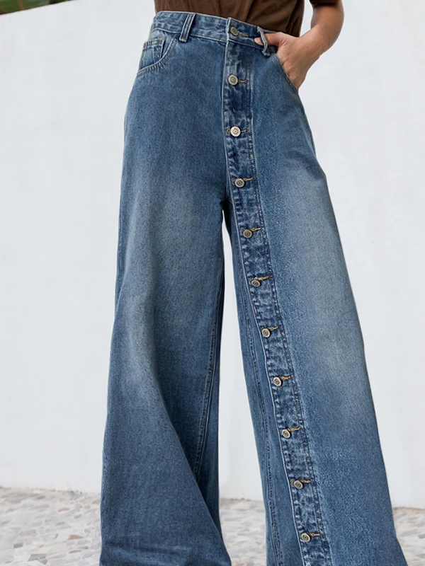 High Waisted Loose Buttoned Pockets Jean Pants Bottoms - Image 2