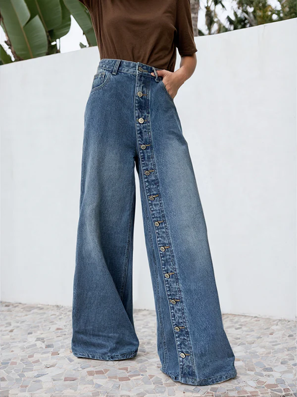 High Waisted Loose Buttoned Pockets Jean Pants Bottoms - Image 3
