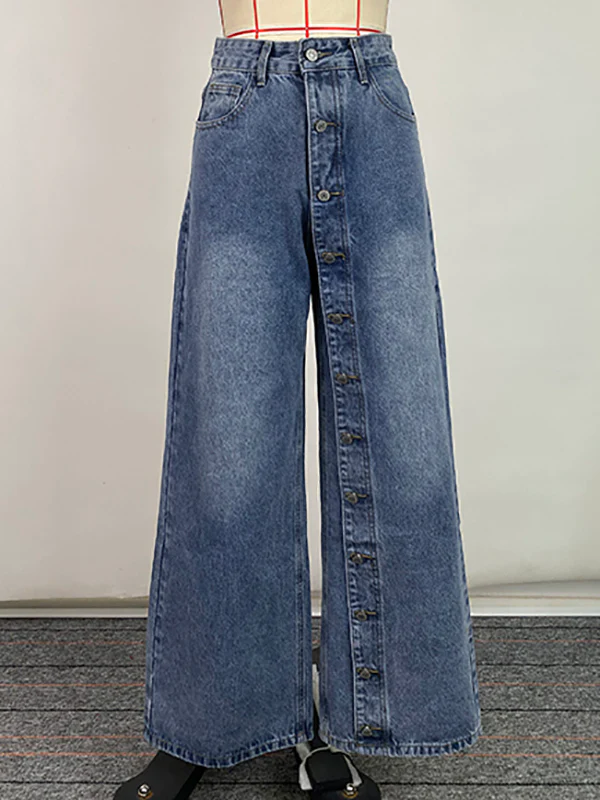 High Waisted Loose Buttoned Pockets Jean Pants Bottoms - Image 6