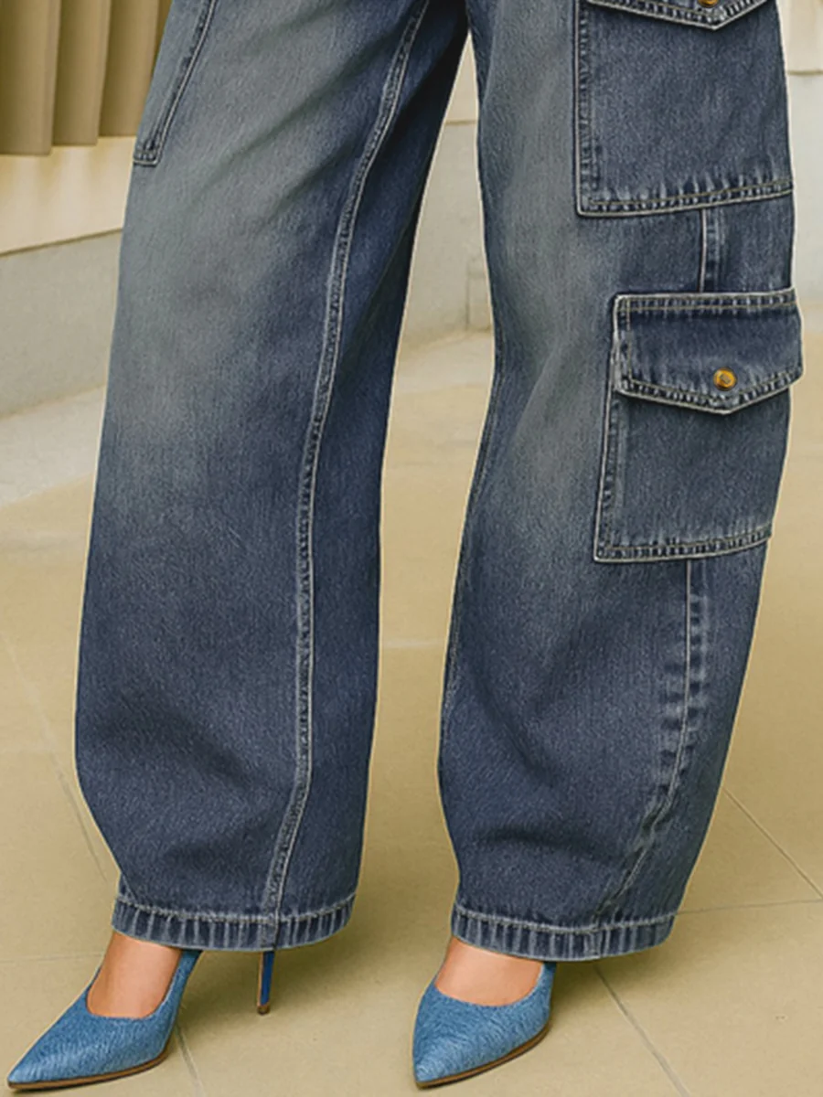 High Waisted Loose Buttoned Pockets Solid Color Split-Joint Jean Pants Bottoms - Image 2