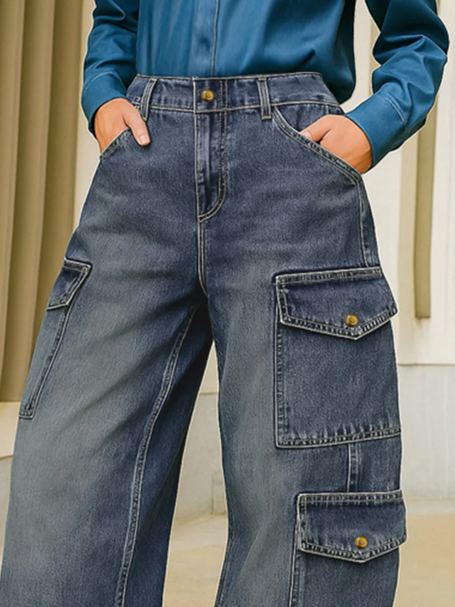 High Waisted Loose Buttoned Pockets Solid Color Split-Joint Jean Pants Bottoms - Image 3