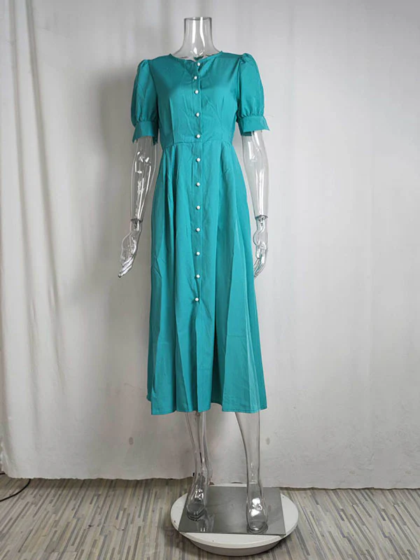 High Waisted Loose Buttoned Round-Neck Midi Dresses - Image 10