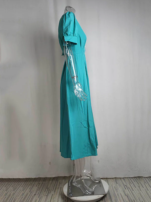 High Waisted Loose Buttoned Round-Neck Midi Dresses - Image 11