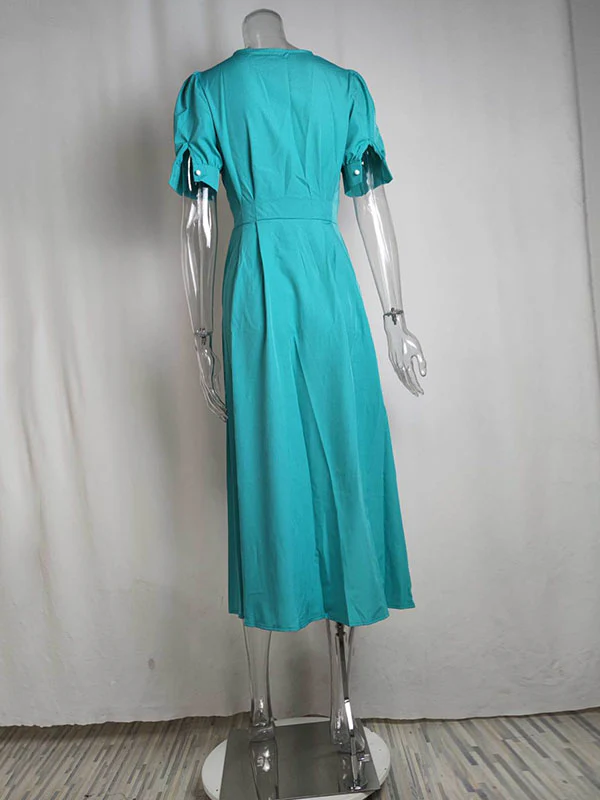 High Waisted Loose Buttoned Round-Neck Midi Dresses - Image 12