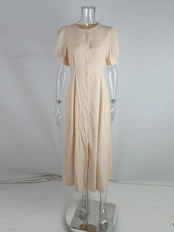 High Waisted Loose Buttoned Round-Neck Midi Dresses - Image 13