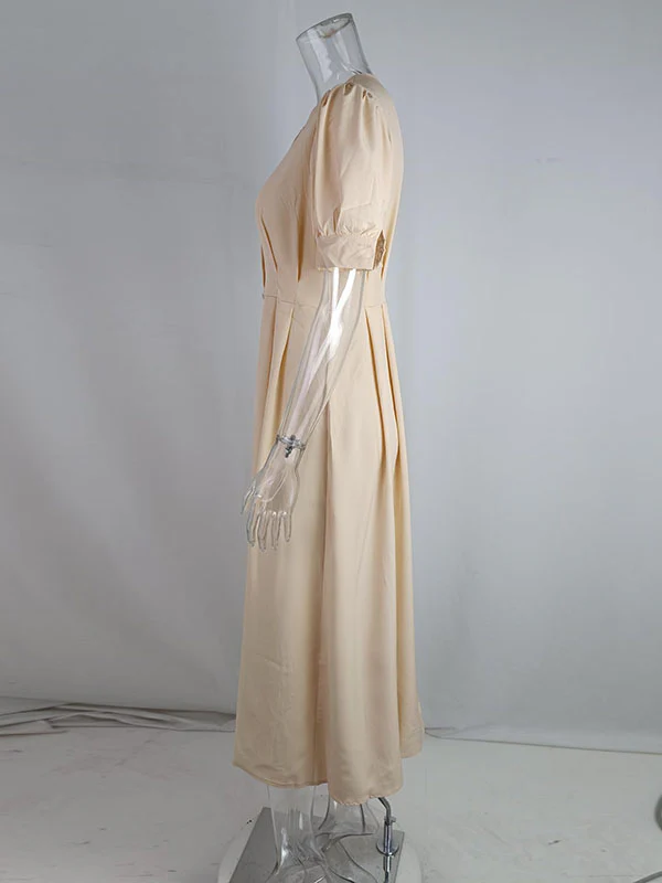 High Waisted Loose Buttoned Round-Neck Midi Dresses - Image 14