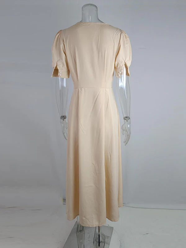 High Waisted Loose Buttoned Round-Neck Midi Dresses - Image 15