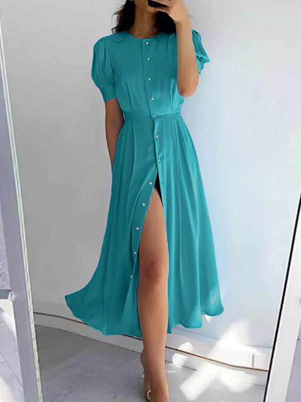 High Waisted Loose Buttoned Round-Neck Midi Dresses - Image 3