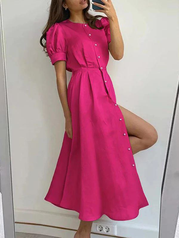High Waisted Loose Buttoned Round-Neck Midi Dresses - Image 5
