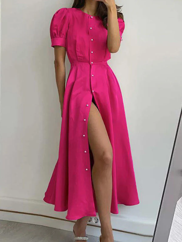 High Waisted Loose Buttoned Round-Neck Midi Dresses - Image 6