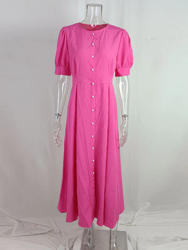 High Waisted Loose Buttoned Round-Neck Midi Dresses - Image 7