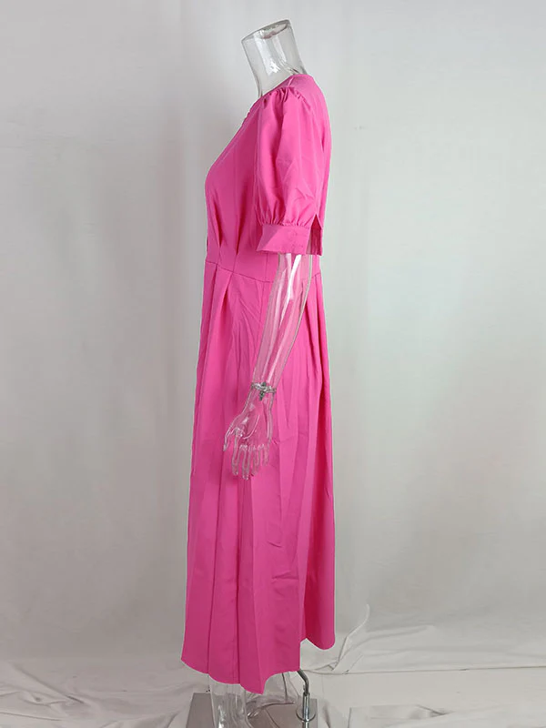 High Waisted Loose Buttoned Round-Neck Midi Dresses - Image 8