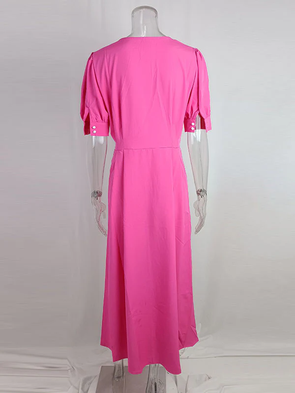 High Waisted Loose Buttoned Round-Neck Midi Dresses - Image 9