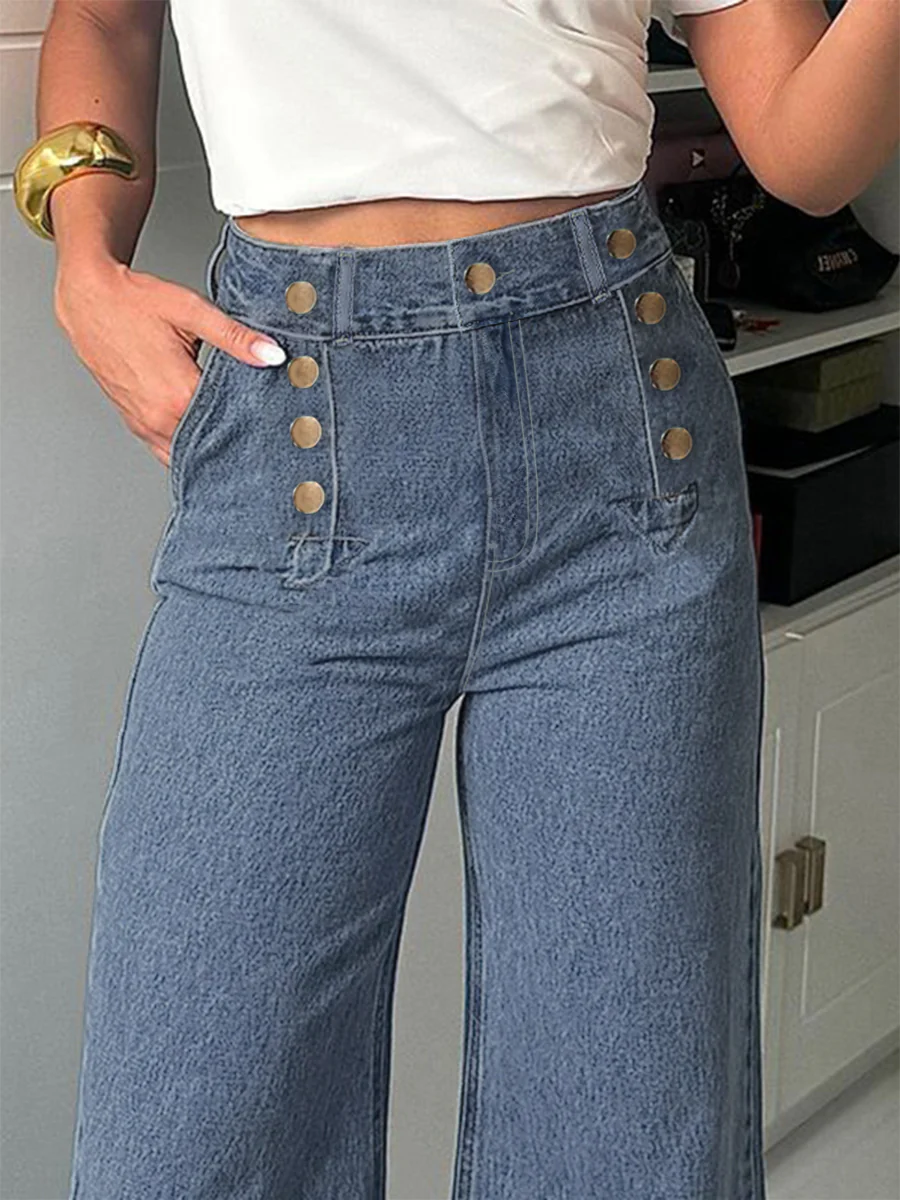 High Waisted Loose Buttoned Split-Joint Jean Pants Bottoms - Image 3
