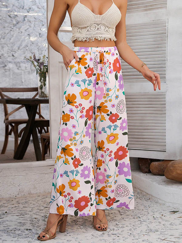 High Waisted Loose Contrast Color Drawstring Flower Print Pockets Pants Trousers - Image 2