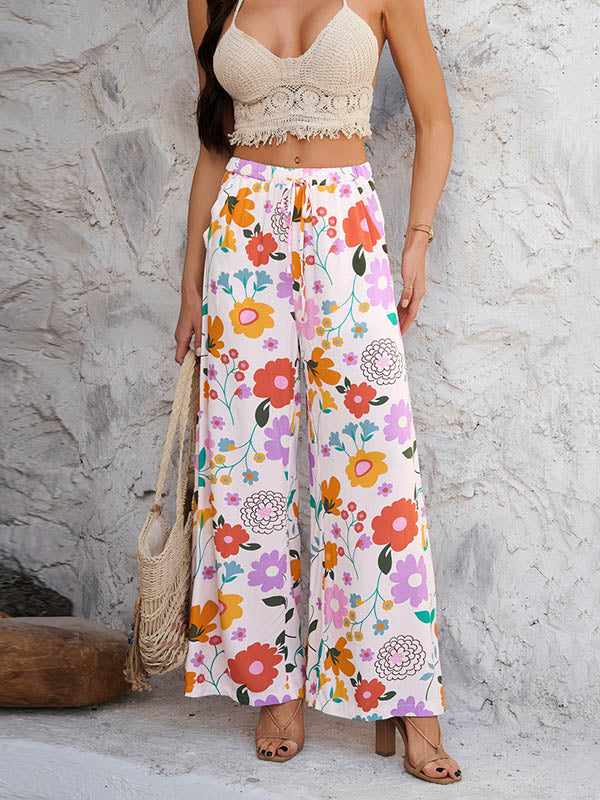 High Waisted Loose Contrast Color Drawstring Flower Print Pockets Pants Trousers - Image 3