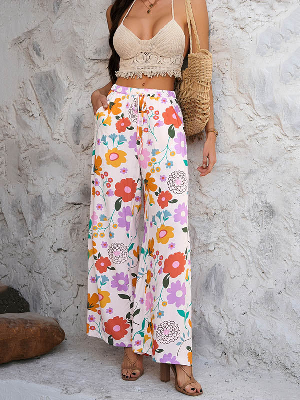 High Waisted Loose Contrast Color Drawstring Flower Print Pockets Pants Trousers - Image 4