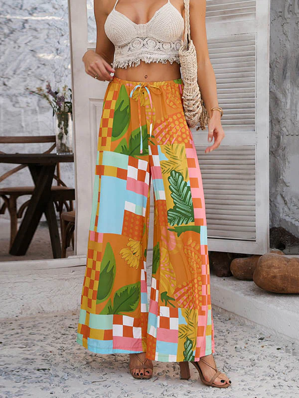 High Waisted Loose Contrast Color Drawstring Pockets Pants Trousers - Image 2