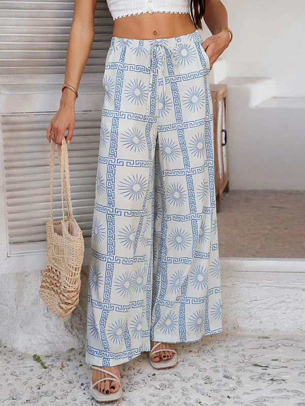 High Waisted Loose Contrast Color Drawstring Pockets Pants Trousers - Image 2