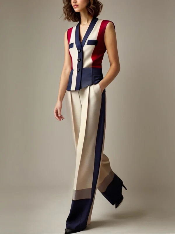 High Waisted Loose Contrast Color Elasticity Pockets Pants Trousers - Image 2