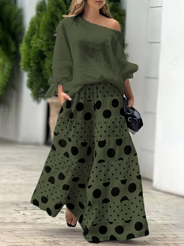 High Waisted Loose Contrast Color Elasticity Pockets Polka-Dot Split-Joint Pants Trousers - Image 3