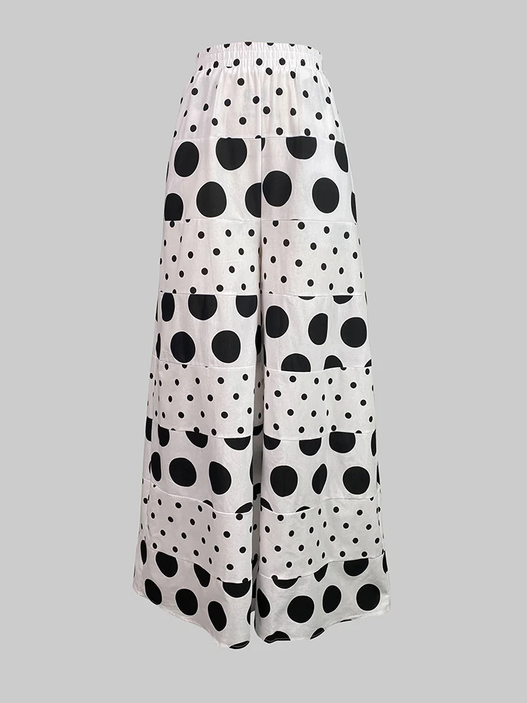 High Waisted Loose Contrast Color Elasticity Pockets Polka-Dot Split-Joint Pants Trousers - Image 4