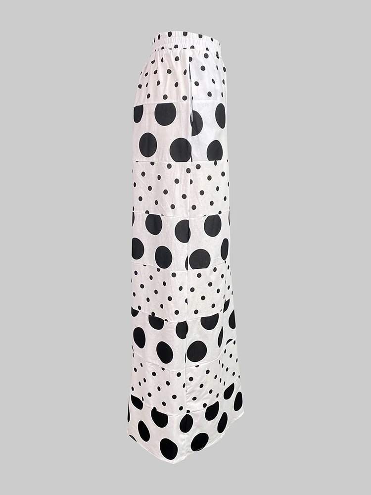 High Waisted Loose Contrast Color Elasticity Pockets Polka-Dot Split-Joint Pants Trousers - Image 5