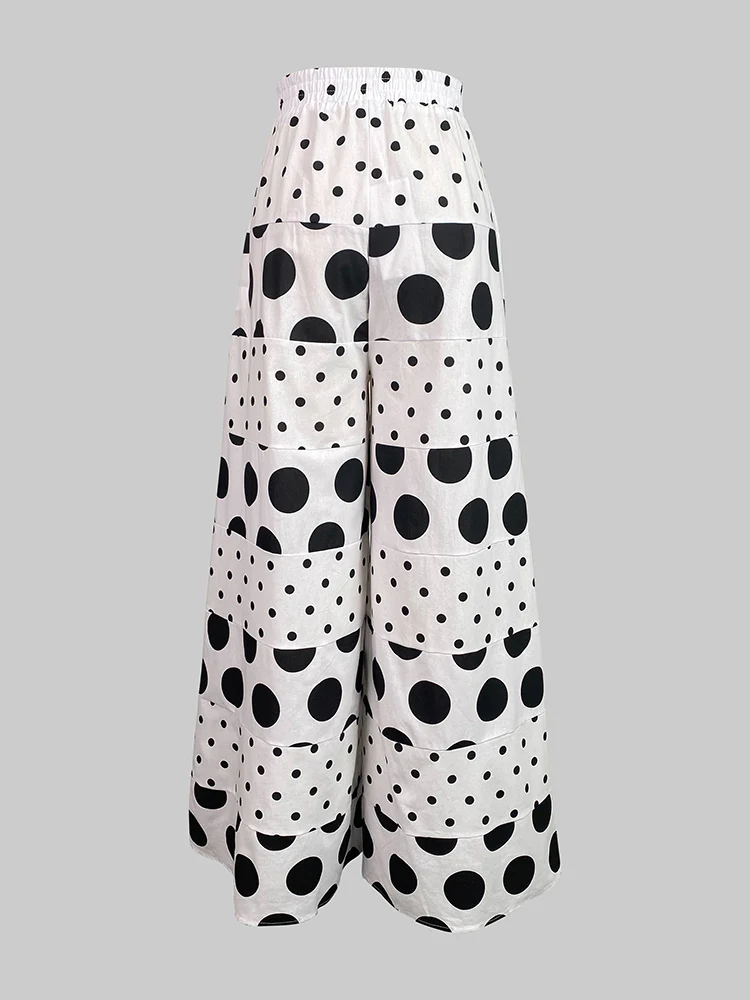 High Waisted Loose Contrast Color Elasticity Pockets Polka-Dot Split-Joint Pants Trousers - Image 6