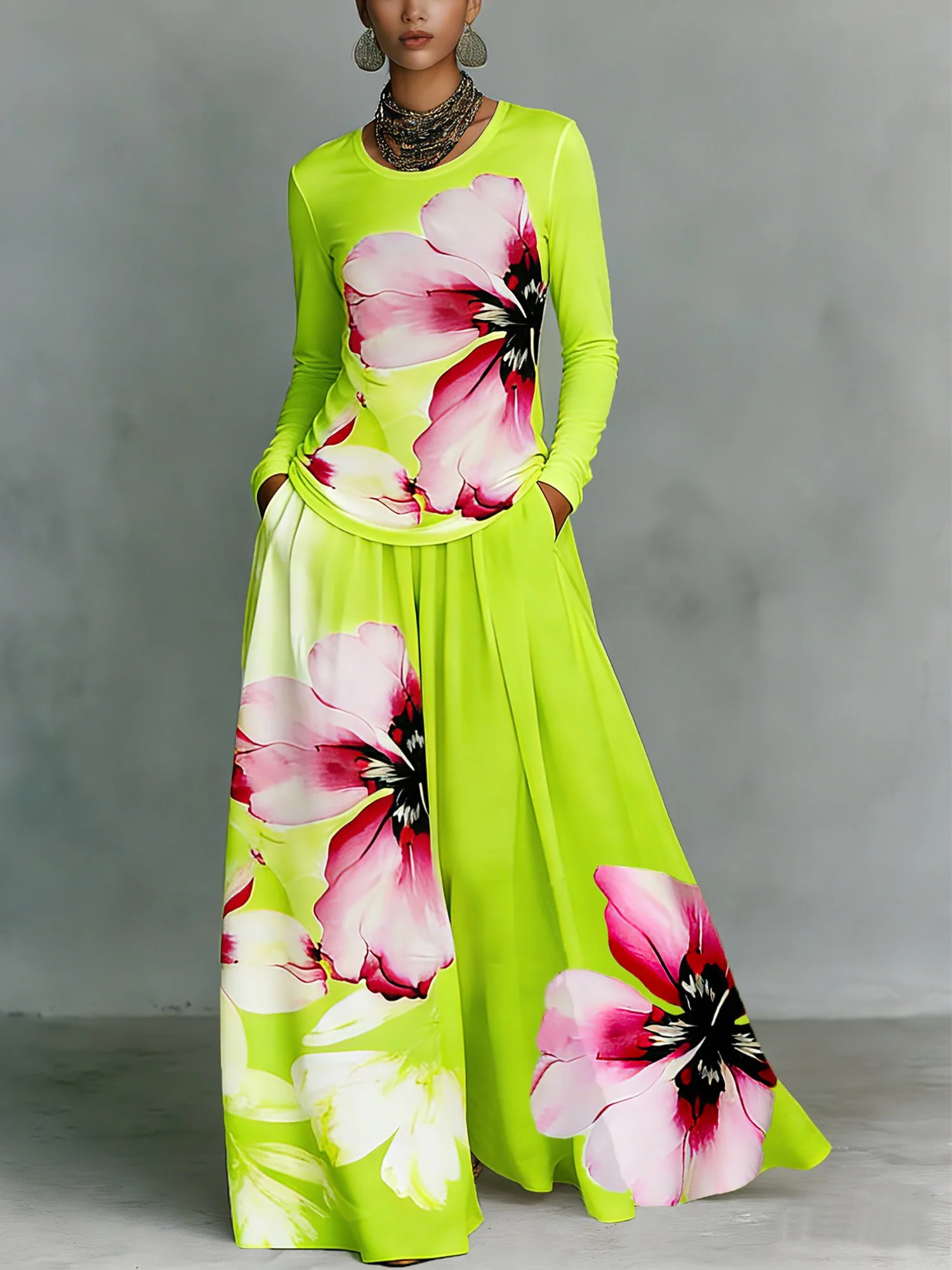 High Waisted Loose Contrast Color Flower Print Pleated Pockets Pants Trousers - Image 2