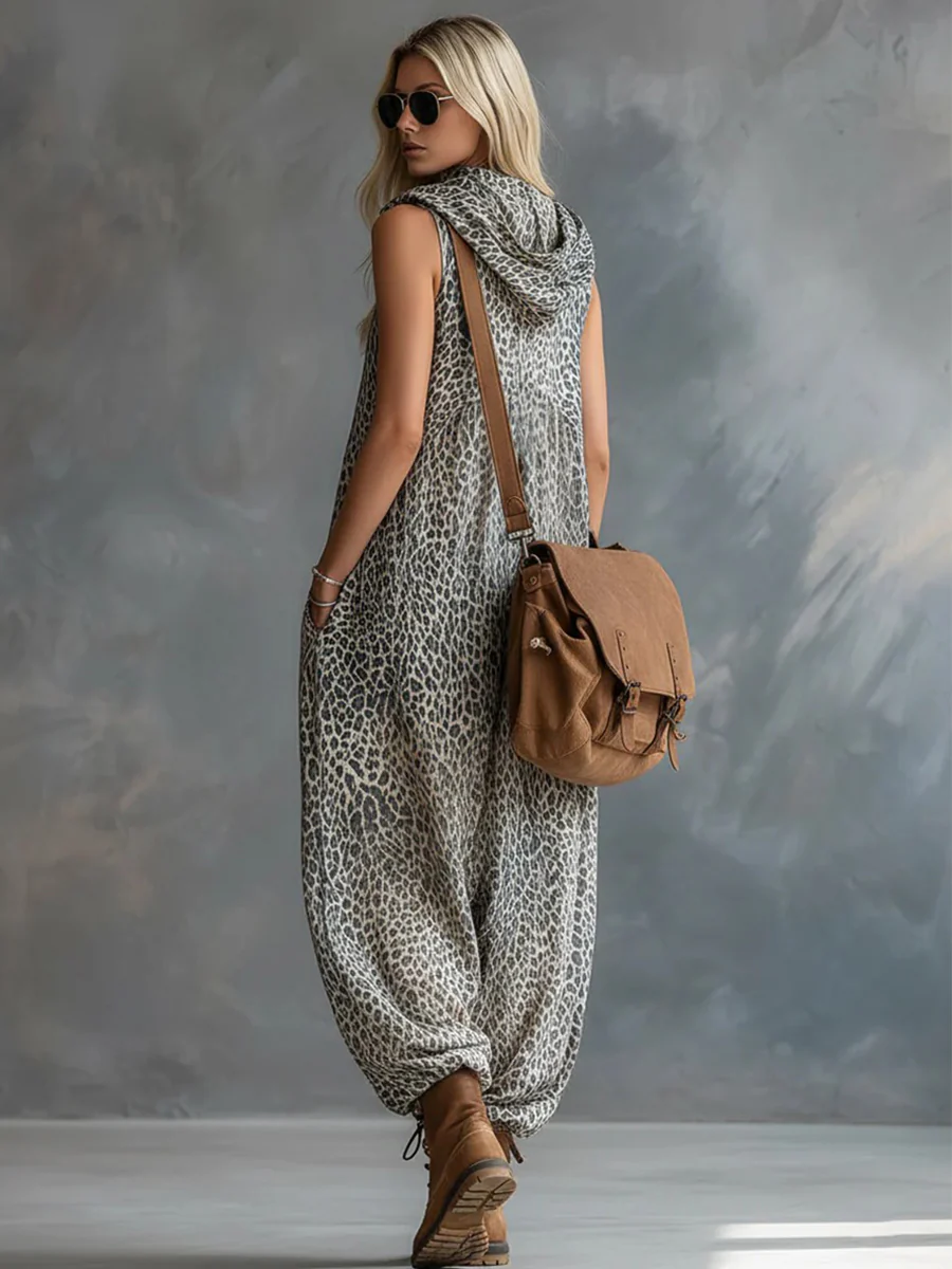 High Waisted Loose Contrast Color Leopard Pleated Pockets Split-Joint Zipper Hooded Anklets Jumpsuits - Image 2